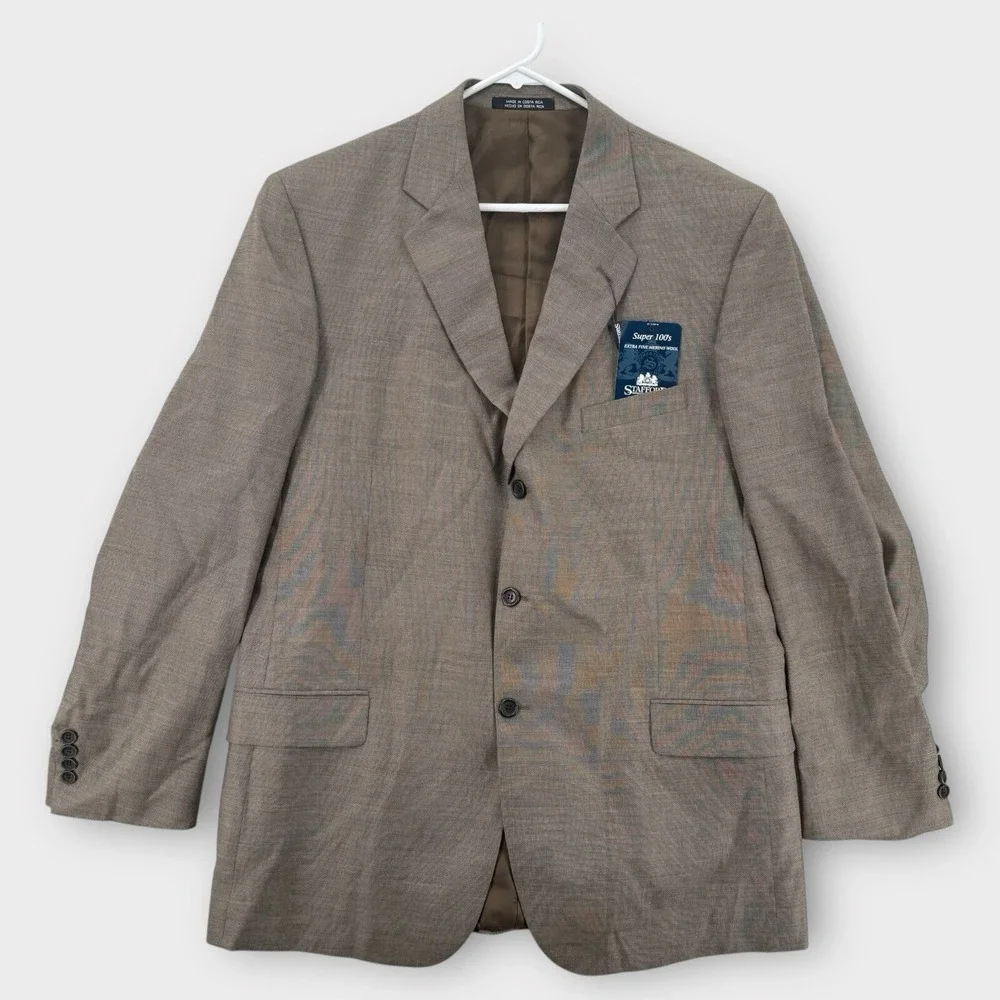 Stafford Coat Jacket Mens 44L Merino Wool Brown Suit‎ Super 100s 3 Button NEW